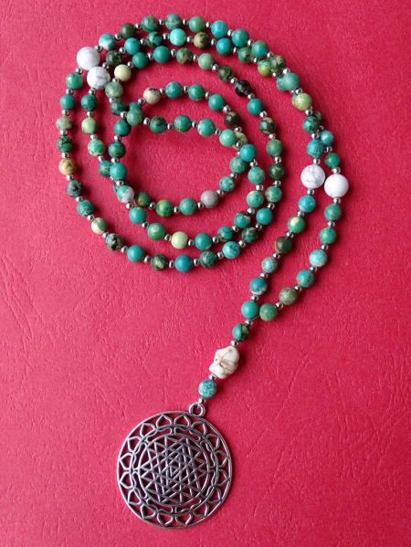 Turquoise, Howlite and Shree Yantra Lotus Pendant, Necklace